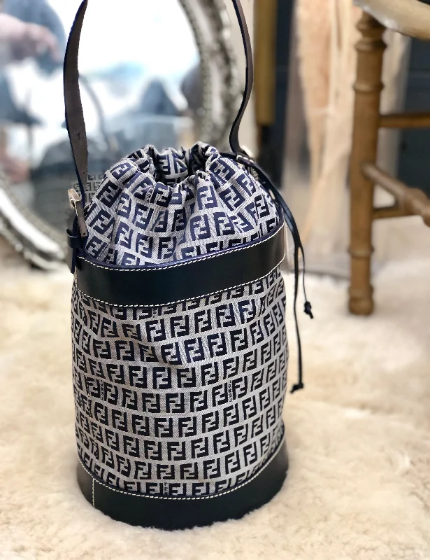 Don't Miss Out FENDI Zucchino canvas leather drawstring bucket shoulder bag navy vintage old 633efx Statement Bags With Exclusive Savings
