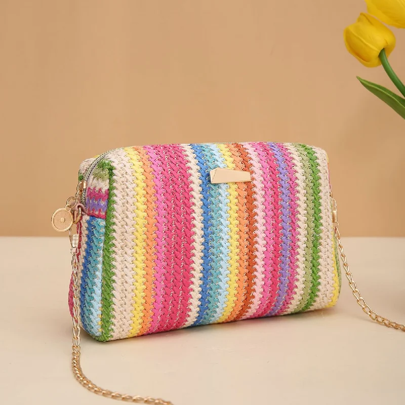 Special Offer For You Wholesale Rainbow Straw Woven Camera Bag Crossbody Chain Bag Elegant Purses At Clearance Prices