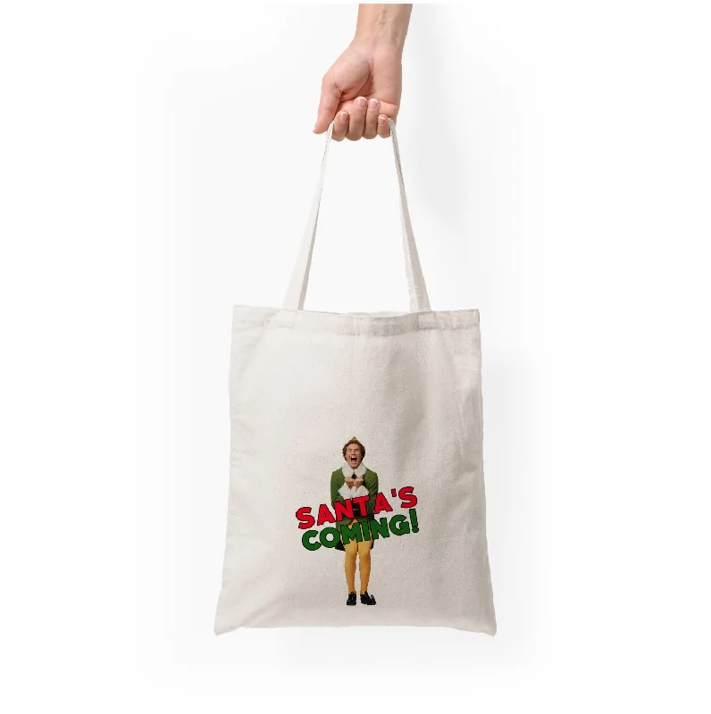 Cozy Handbags With Clearance Prices Buddy The Elf - Santa's Coming! Tote Bag Iconic Fashion Bags At Unbeatable Savings Cozy Handbags With Clearance Prices Buddy The Elf - Santa's Coming! Tote Bag Iconic Fashion Bags At Unbeatable Savings