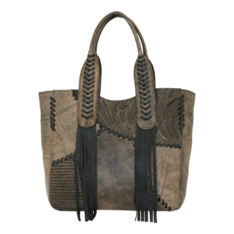 American West Womens Gypsy Patch Distressed Charcoal Brown Leather Tote Bag Premium Bags, Special Prices