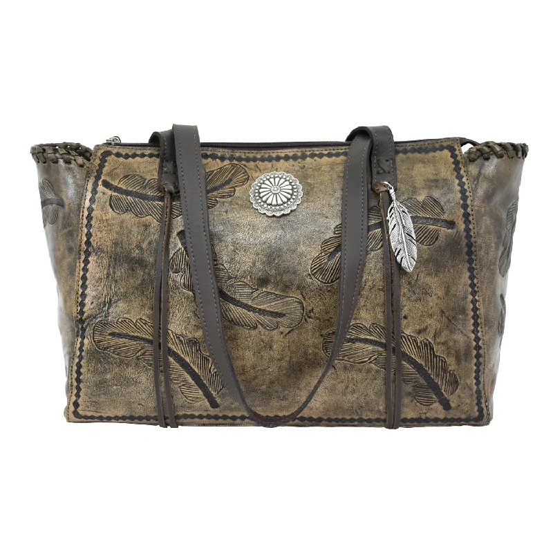 American West Womens Sacred Bird CC Distressed Charcoal Brown Leather Tote Bag Stylish Bags, Unbeatable Prices