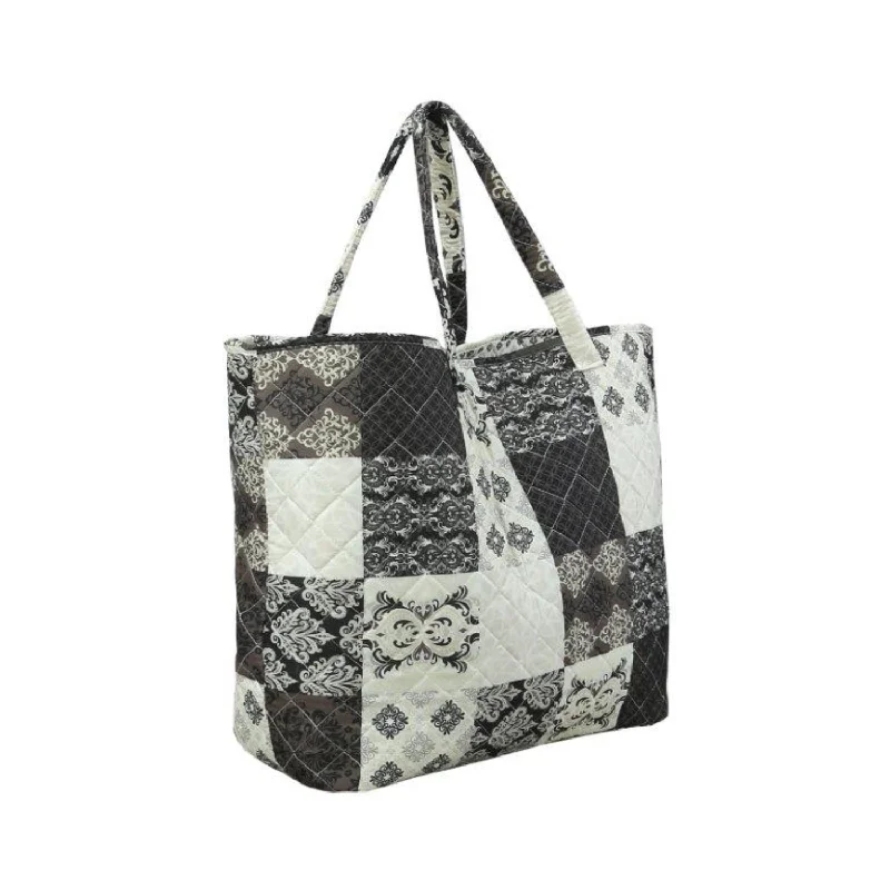 Arabesque Checkered Black & White Quilted Tote 16" x 17" x 8" with 13" Straps Classic Totes, Exclusive Deals