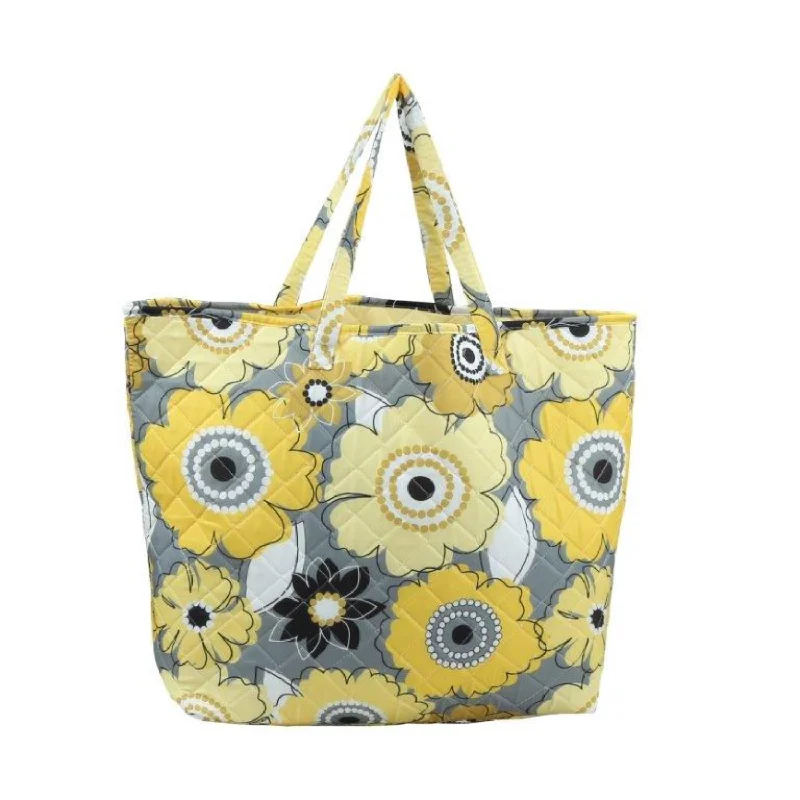 Francesca Yellow Gray Floral Quilted Tote 16" x 17" x 8" with 13" Straps Fashion Bags, Huge Savings