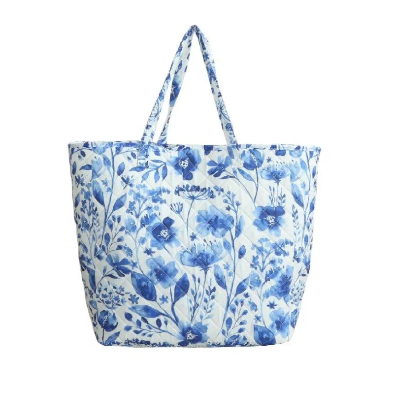Indigo Blue Botanical Quilted Tote 16" x 17" x 8" with 13" Straps Premium Bags At Special Prices