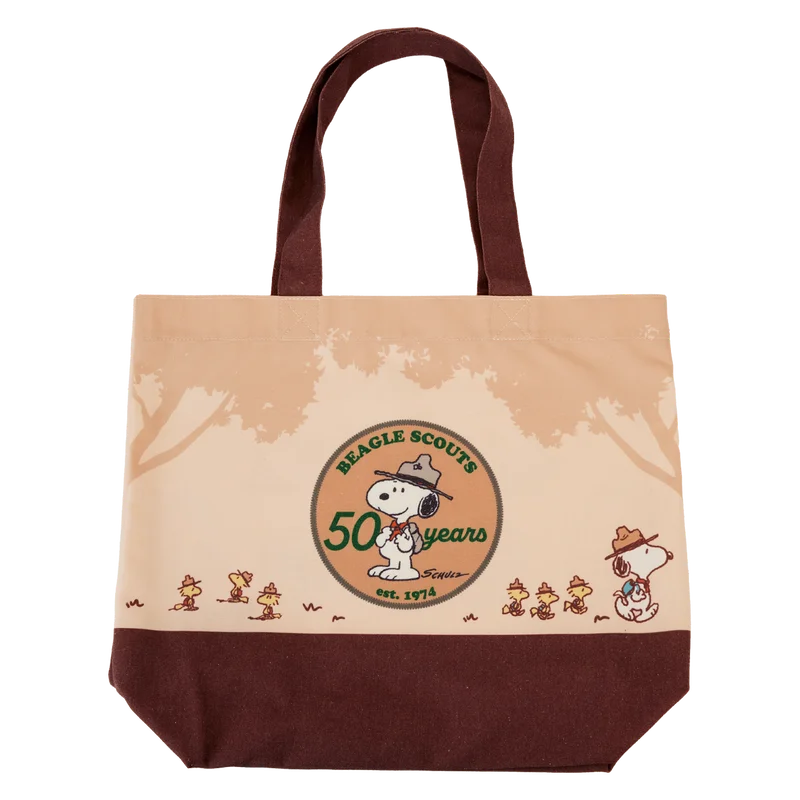 Loungefly Peanuts 50th Anniversary Snoopy's Beagle Scouts Canvas Tote Bag Trendy Purses, Limited Offer