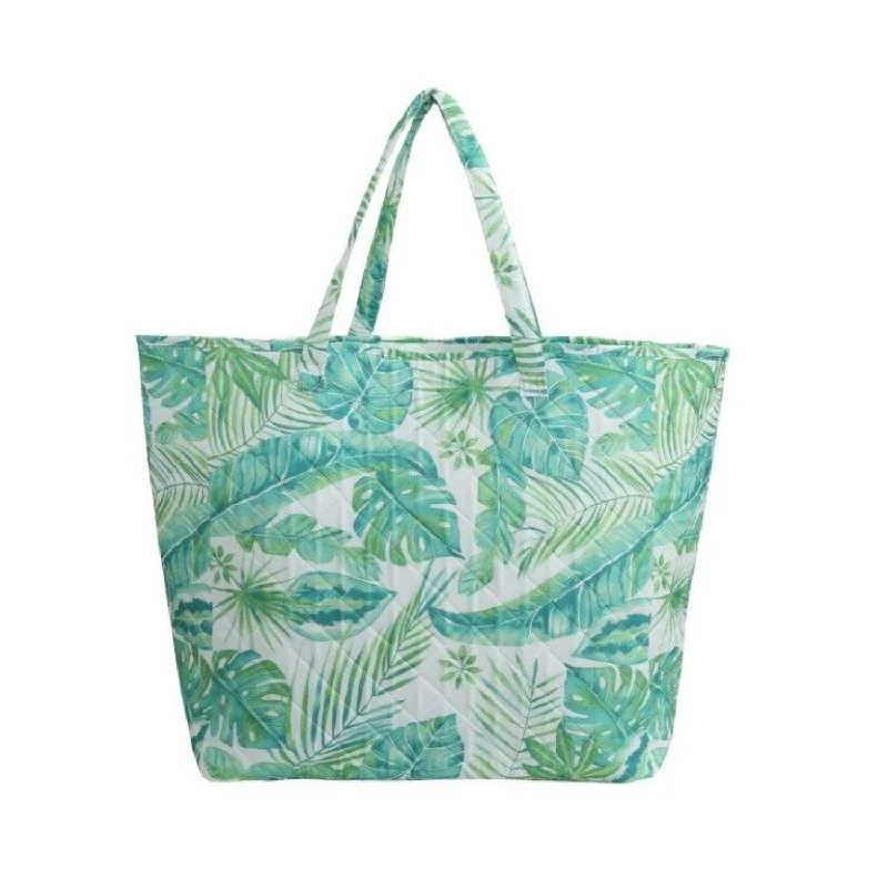 Tropical Green Leaves Quilted Tote 16" x 17" x 8" with 13" Straps Elegant Bags, Limited Stock Available