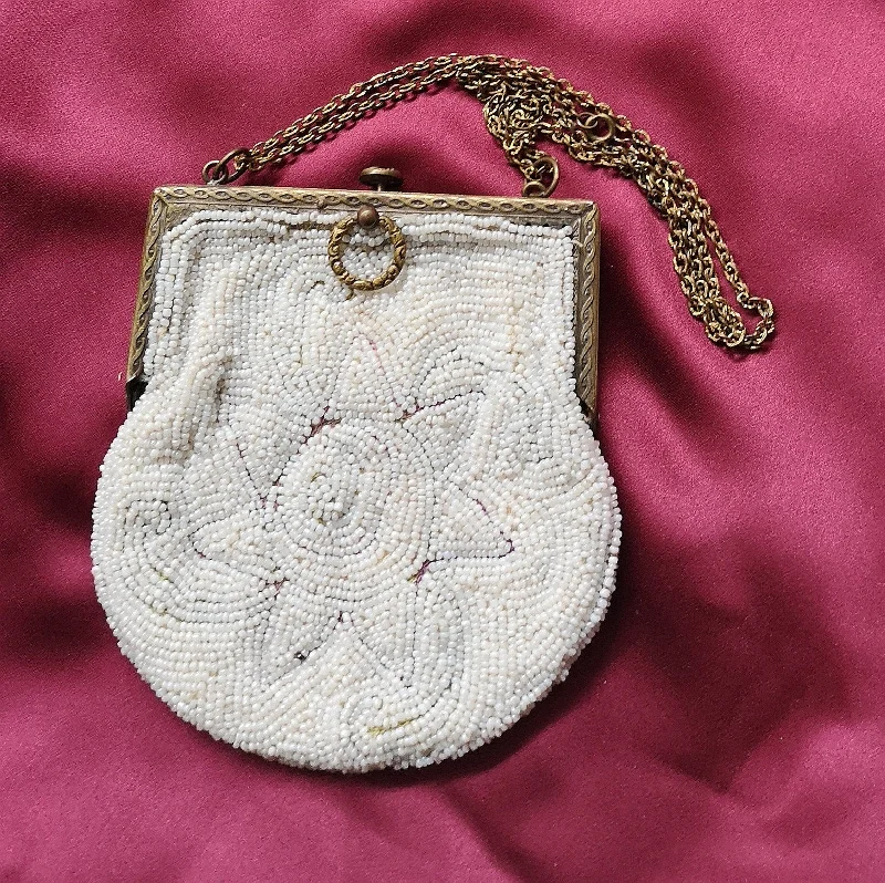 Vintage 1920s White Beaded Evening Purse With Sun Motif & Gold Metal Frame, Art Deco Handbag Elegant Bags, Limited Stock Available Vintage 1920s White Beaded Evening Purse With Sun Motif & Gold Metal Frame, Art Deco Handbag Elegant Bags, Limited Stock Available