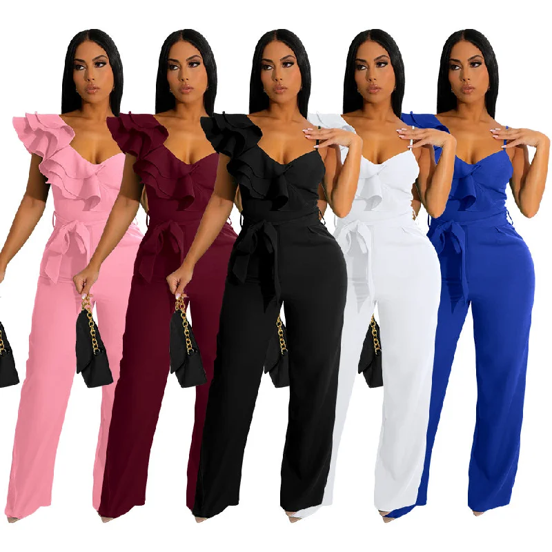 New womens clothing fashion ruffled edge one shoulder sleeveless waist tucked deep V loose ladies solid color one piece jumpsuit Chic Handbags At Special Promotional Prices