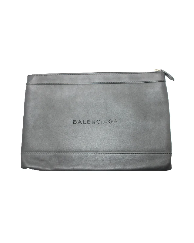Balenciaga Perforated Logo Pouch in Black Leather Timeless Handbags, Flash Sale