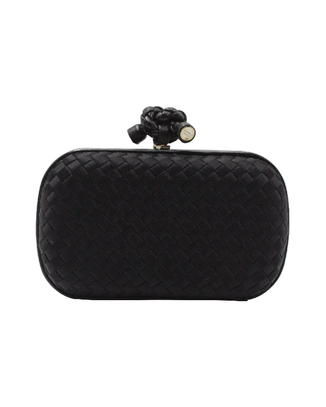 Bottega Veneta Intrecciato Knot Clutch in Black Satin Trendy Purses, Limited Offer