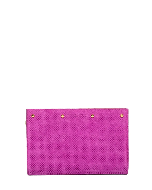 Lizzie Reversible Clutch Cover: Fuschia Perforated Suede/Chestnut Brown Waxed Cotton Clutch Cover Shoulder Bags, Crossbody Bags, And More On Sale Lizzie Reversible Clutch Cover: Fuschia Perforated Suede/Chestnut Brown Waxed Cotton Clutch Cover Shoulder Bags, Crossbody Bags, And More On Sale