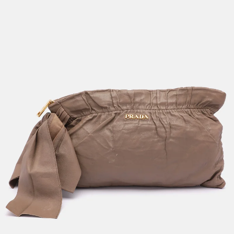 Prada Beige Leather Bow Clutch Trendy Bags, Huge Savings