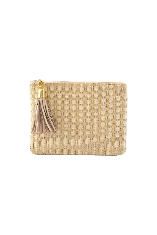 Shaker Tan Weave Raffia Tassel Clutch Stylish Handbags At Unbeatable Discounts