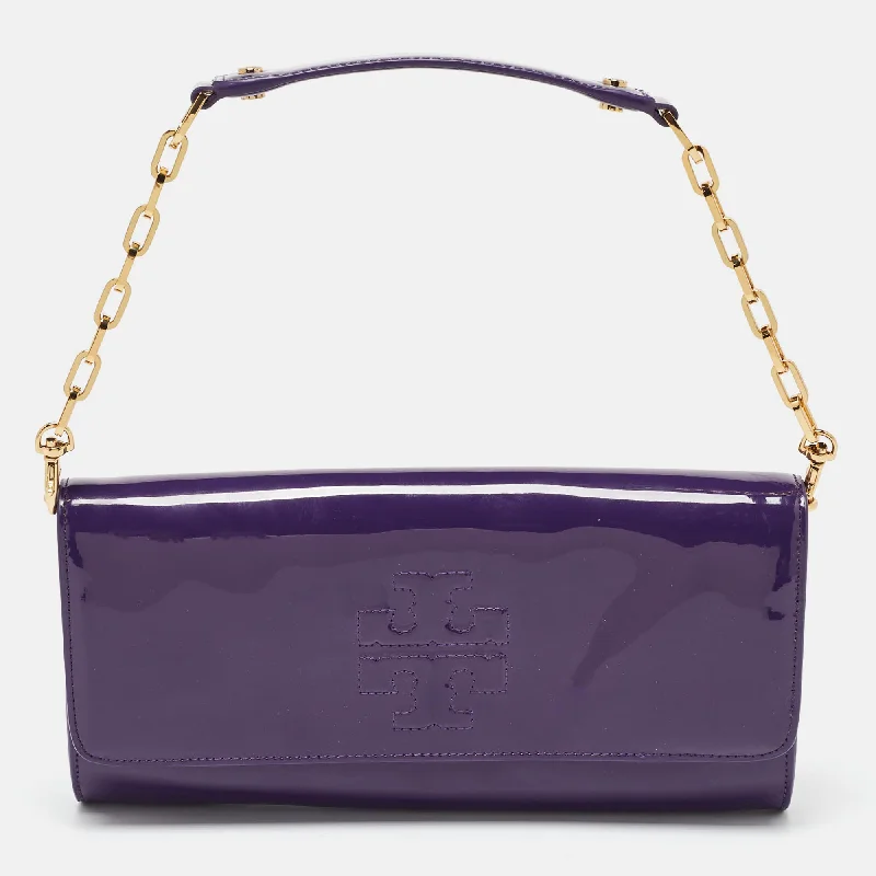Tory Burch Purple Patent Leather Logo Embossed Flap Clutch Bag Affordable Elegance, Grab Yours Tory Burch Purple Patent Leather Logo Embossed Flap Clutch Bag Affordable Elegance, Grab Yours