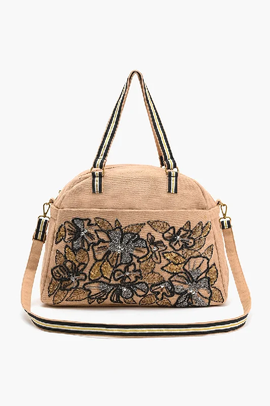 Glamorous Embellished Traveler with Crossbody-Floral Beige Elegant Bags, Limited Stock