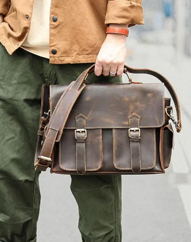 Vintage Dark Brown Leather Mens 14 inches Briefcase Work Shoulder Briefcase Handbags For Men Best Handbag Sale Of The Season