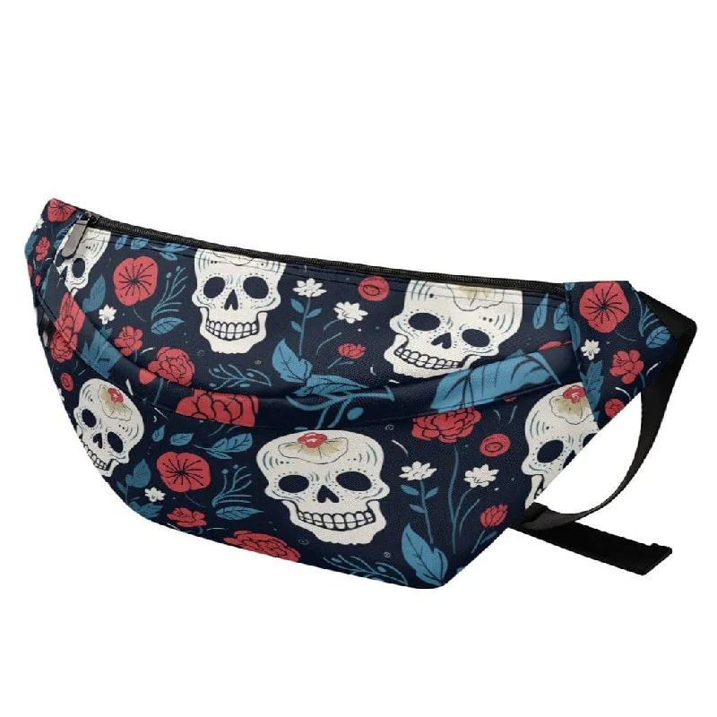 Skulls Blue Red Flowers Large Fanny Pack Fashion Bags, Limited Offer