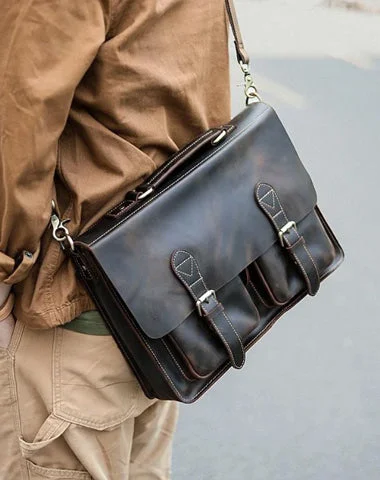 Vintage Dark Brown Mens Leather Briefcase Work Handbag Dark Coffee 14'' Computer Briefcase For Men Luxury Handbags, Budget-Friendly