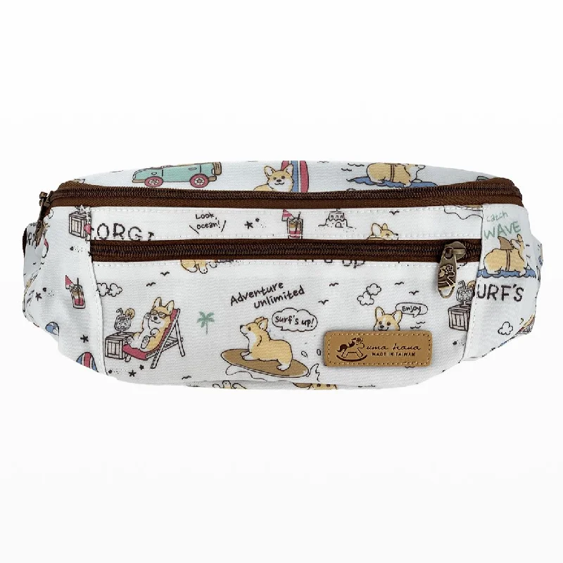 White Surfing Corgi Fanny Pack Chic Handbags At Special Promotional Prices