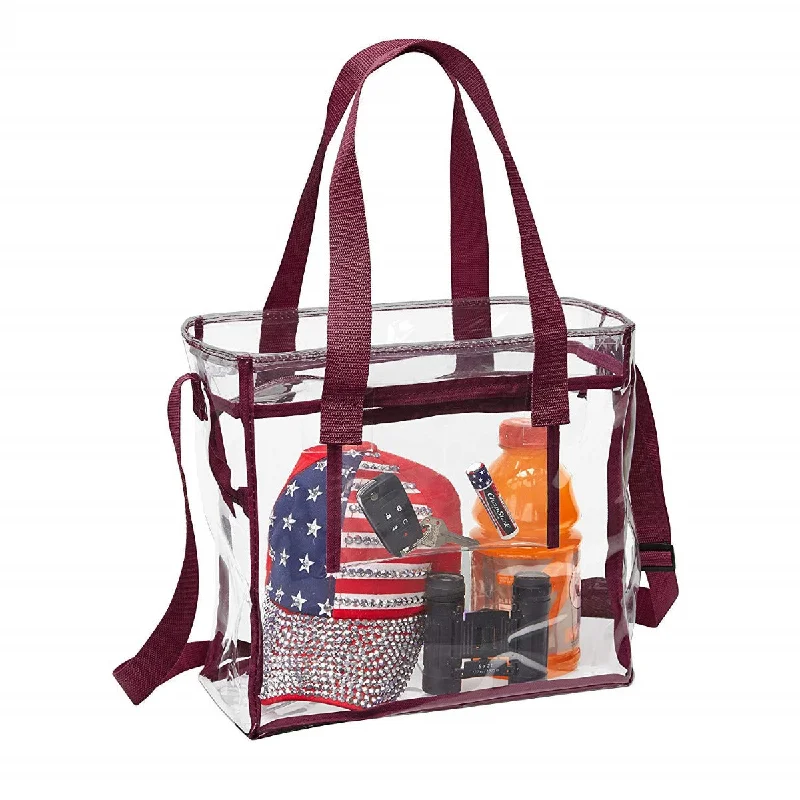 Stylish And Affordable Bags For Every Occasion Deluxe Clear 12 x 12 x 6 Cross-Body Stadium Tote Bag with Zipper Closure and Interior Pocket (CH-1212A-BUR) - Burgundy Trim Sleek Bags, Perfect Prices