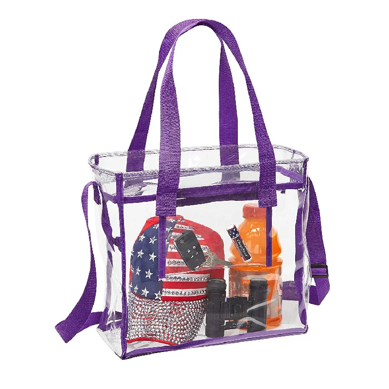Bags With Limited-Time Deals Deluxe Clear 12 x 12 x 6 Cross-Body Stadium Tote Bag with Zipper Closure and Interior Pocket (CH-1212A-PUR) - Purple Trim Everyday Elegance At Special Prices